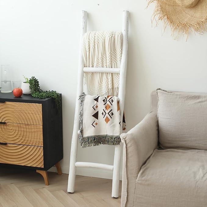 FUIN Fully Assembled 57in Wood Blanket Ladder Living Room Decorative Wall Leaning Farmhouse Quilt Display Holder Rustic Wooden Towel Rack for Bathroom, White