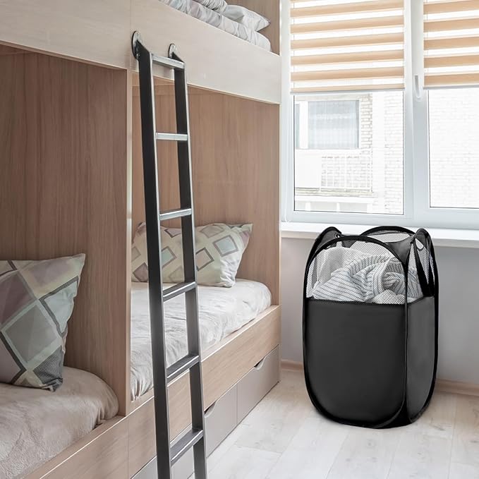TECHMILLY Pop Up Foldable Laundry Basket, Mesh Laundry Hamper with Reinforced Handles for Dirty Clothes Storage in Dorm, Laundry Room, Bathroom, Black(Fabric), 3 Pack