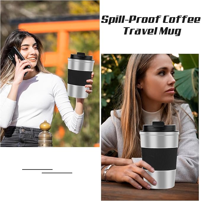 Vacuum-Insulated Stainless Steel Travel Coffee Mug, Leak-Proof Reusable Coffee Cup with Lid -Keep Hot & Cold Drinks for Hours, Durable Insulated Tumbler for Men & Women(3rd-Silver black, 17OZ)