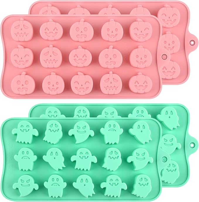 Actvty Halloween Chocolate Silicone Mold, 4 Packs Candy Gummy Molds of 18 Cavity with Skull Pumpkin Ghost Witch Hat Bat Spider Tombstone Shapes for Baking Chocolate Gummy Jelly Dessert