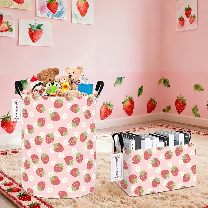 QUEENLALA Large Storage Basket,Laundry Hamper/Bathroom/Home Decor/Collapsible Round Storage Bin,Boys and Girls Hamper/Boxes/Clothing(Round-Pink Strawberry)