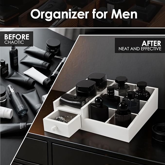 Organizer for Men,Bathroom Countertop Organizer,Perfume Organizer,Cologne Organizers,Bathroom Storage,Restroom Organizer,Dresser Top Organizers,Perfume Stand,GIFS for Men,Adjustable Partition(White)