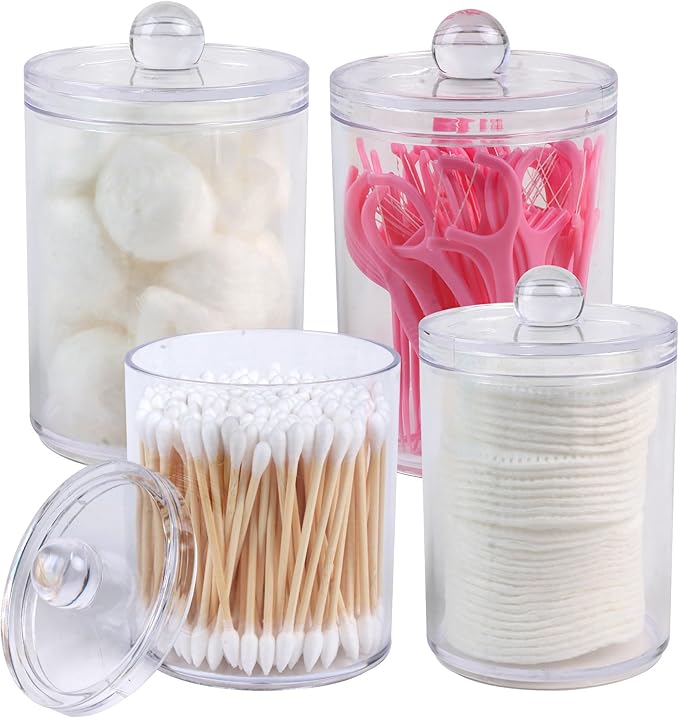 2 Pack Acrylic Qtip Holder Dispenser,Canisters Apothecary Jar Set, Vanity Makeup Bathroom Organizers and Storage Set, 10 and 12 oz