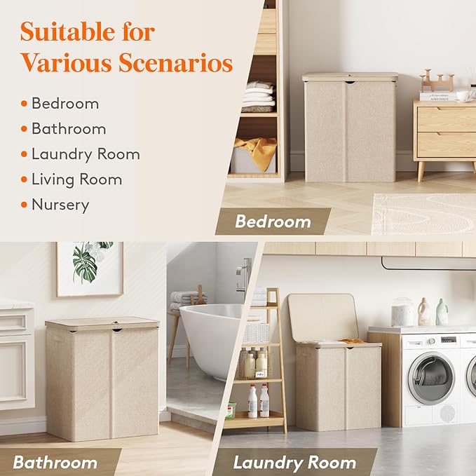 Lifewit 145L Large Laundry Basket with Lid, Laundry Hamper with Plastic Handles and Removable Bag, Foldable Tall Dirty Clothes Hampers for Laundry for Laundry Room, Bedroom, Bathroom, Dorm, Beige