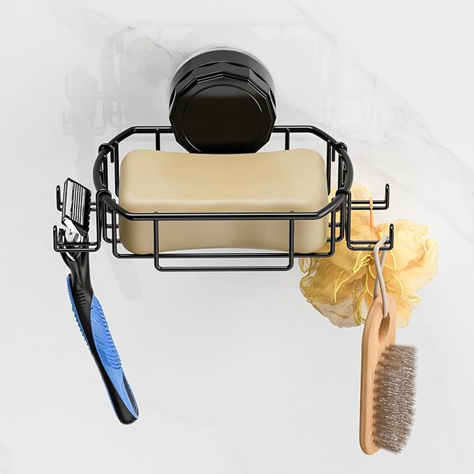 2 Pcs Suction Cup Adhesive Soap Holder Dish with Hooks, Black Stainless Steel Rustproof Shampoo Bar Holder Tray Self Drain, Morden Bathroom, Drill Free