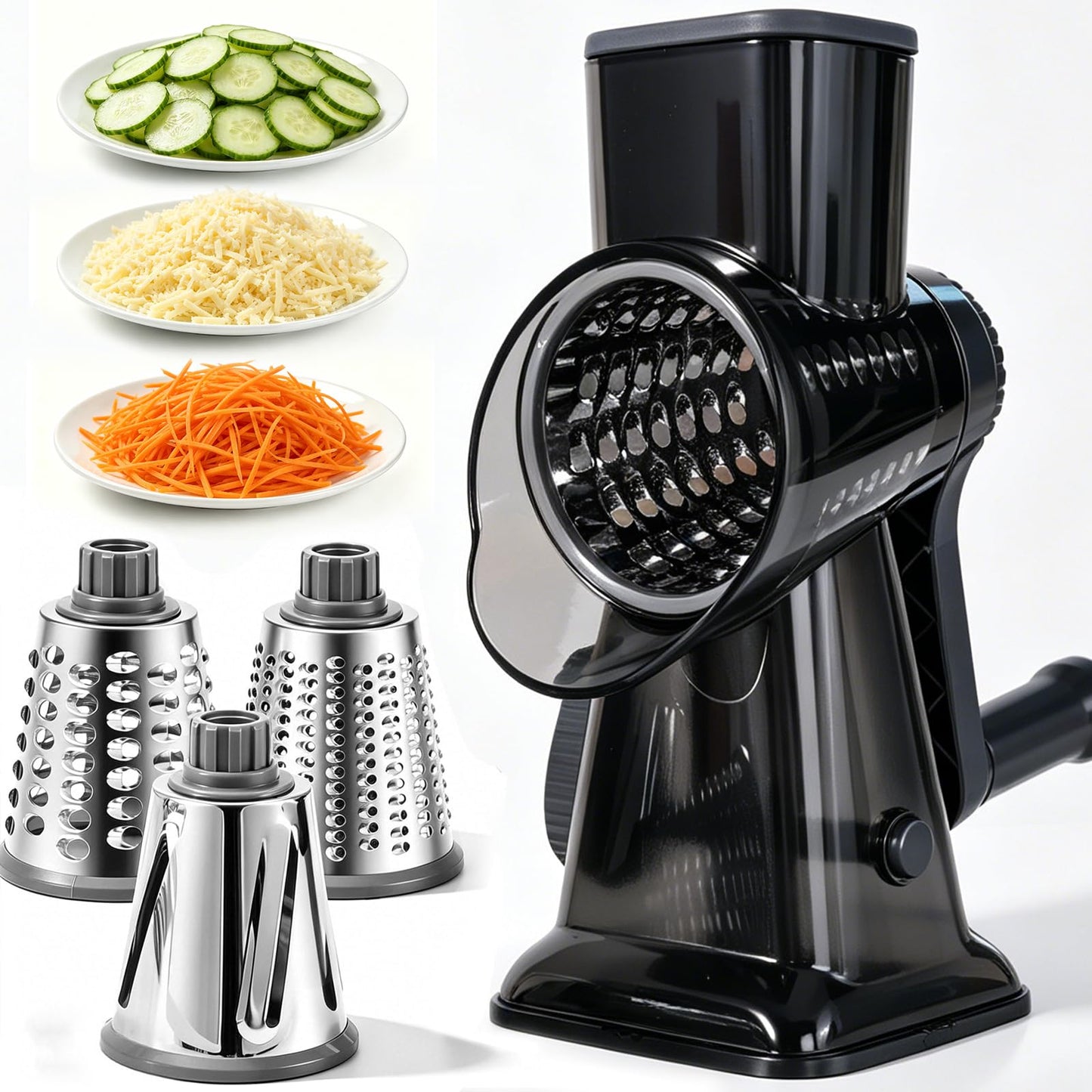 HANSGO Rotary Cheese Grater, Hand Crank Cheese Shredder, 3 Metal Blades & Cleaning Brush, Non-slip Suction Base, Labor-Saving Handle, Kitchen Gadgets for Vegetable, Nuts, Gifts for Women