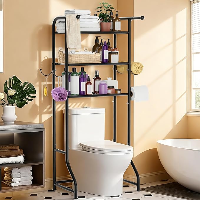 3-Tier Over The Toilet Storage Shelf,Bathroom Organizers and Storage Over Toilet,Metal Bathroom Space Saver with 2 Bars,1 Paper Holder and 4 Hooks,Black