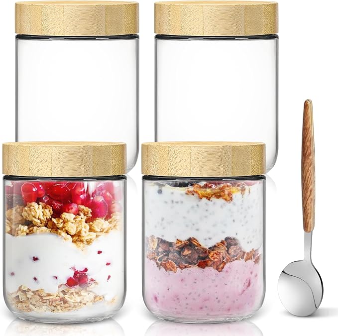 16oz Overnight Oats Jars,Overnight Oats Containers with Bamboo Lids for Meal Prep,Wide mouth Mason Glass Salad Jars with Spoons,Glass Food Storage Container for Yogurt Chia Pudding Spice Sugar(6Pack)