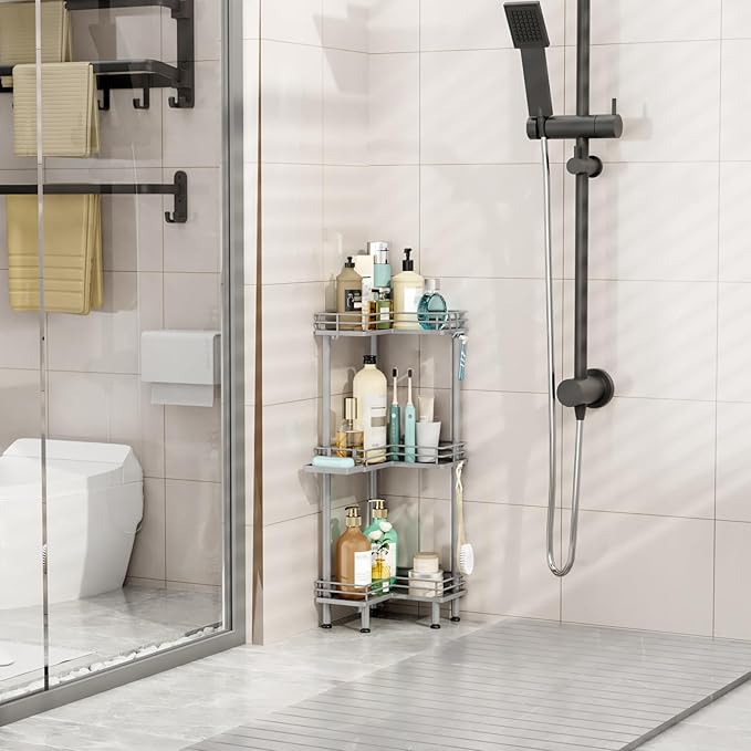 HapiRm Corner Shower Caddy Standing - 3 Tier Shower Organizer Corner with Soap Holder, Rustproof Bathroom Standing Organizer with 4 Hooks, Grey