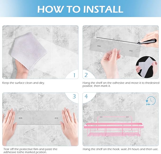 2 Pack Adhesive Shower Caddy Organizer with Hooks, Rustproof No Drilling Wall Mounted Storage Shelf Rack for Inside Shower/Bathroom/Kitchen (Pink)