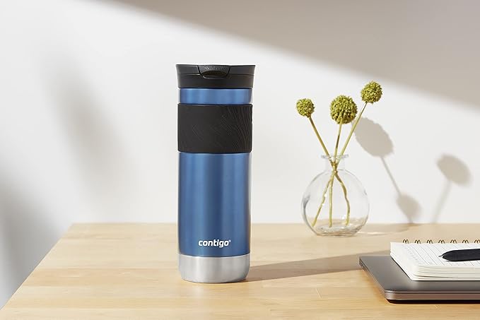 Contigo SNAPSEAL Insulated Stainless Steel Travel Mug with Grip 20oz. Blue Corn Transparent Satin & Midnight Berry,(Pack of 8)