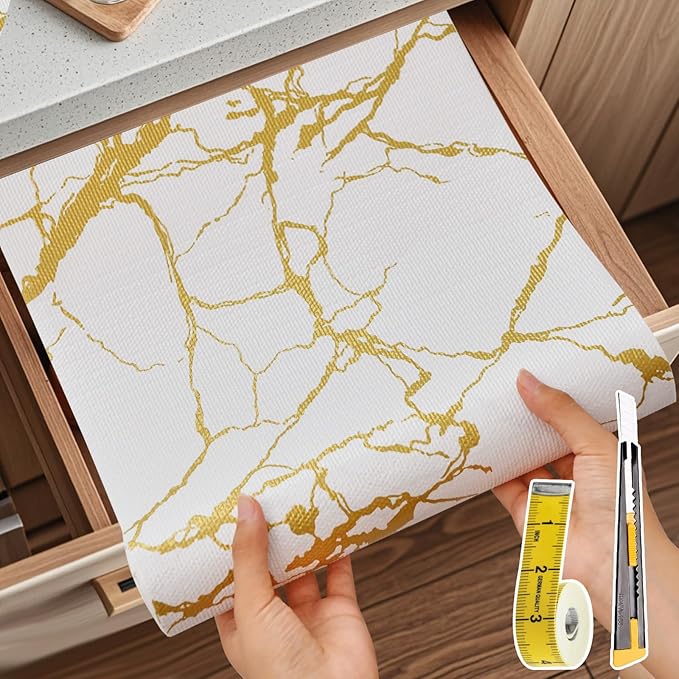 Drawer and Shelf Liner for Kitchen Cabinet Non Slip Waterproof Shelf Paper 17.5 in X 30 Ft Non Adhesive Refrigerator Liners Gold White Marble Easy Liners for Bathroom Cupboard