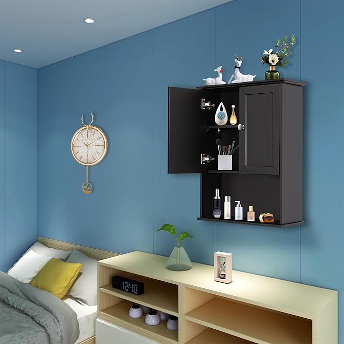 Black Wall Cabinet 24x30 Inch Wooden Over The Toilet Storage Cabinets with 2 Doors, Above Toilet Storage Medicine Cabinets for Bathroom Laundry Room Bedroom Kitchen