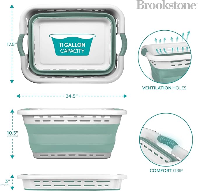 BROOKSTONE 11 GALLON XL 24" Collapsible Laundry Basket & Clothes Hamper, Comfort Non-Slip Handles, Modern Laundry Hamper with Space Saving Design, Portable Pop-Up Hamper, BPA FREE, Mint, 1 Pack