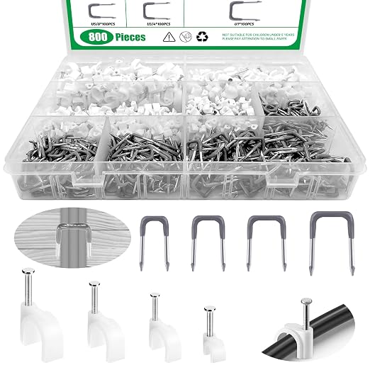 800Pcs 4mm 6mm 8mm 10mm J-Hook Ethernet Cable Nails Wire Clips