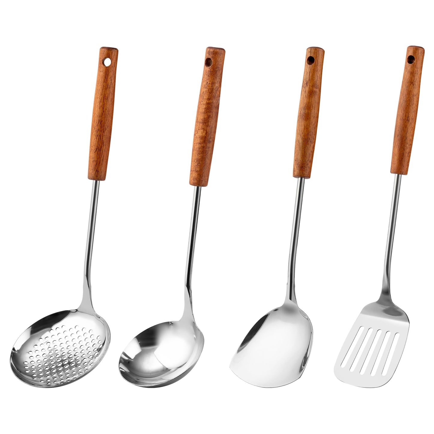 FJNATINH Stainless Steel Kitchen Utensils Set with Wood Handle Nonstick Stainless Steel Cooking Utensils Set with Turners,Spatula,Ladle,Skimmer,Solid Spoon,Pasta