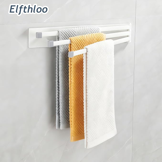 Swivel Foldable Towel Rack, Elfthloo 41cm(16 in) Rotating 3-Arm Towel Bar Rod, Space Saving Wall Mounted Holder, Stainless Steel Swing Out Hanger for Bathroom, Kitchen (1 Pack, White)