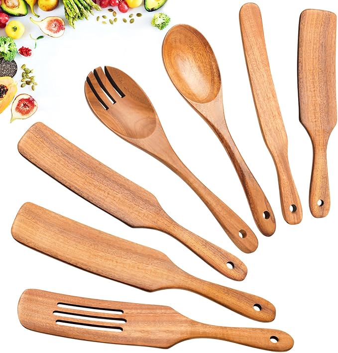 Wooden Spoons for Cooking, 6 Pcs Natural Teak Wooden Kitchen Utensils Set, Cooking Utensils Set with Long & Comfort Grip, Wooden Spoons Spatula Set Perfect for Non-Stick Cookware