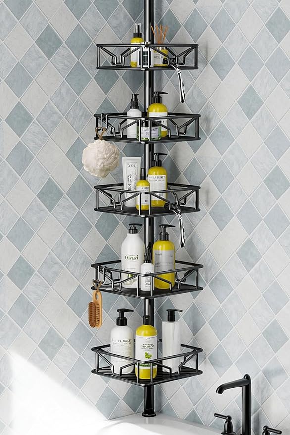 Skycarper 5 Tier Adjustable Corner Shower Caddy Organizer with Hooks,Rustproof Tension Pole 62-116 Inch, Black