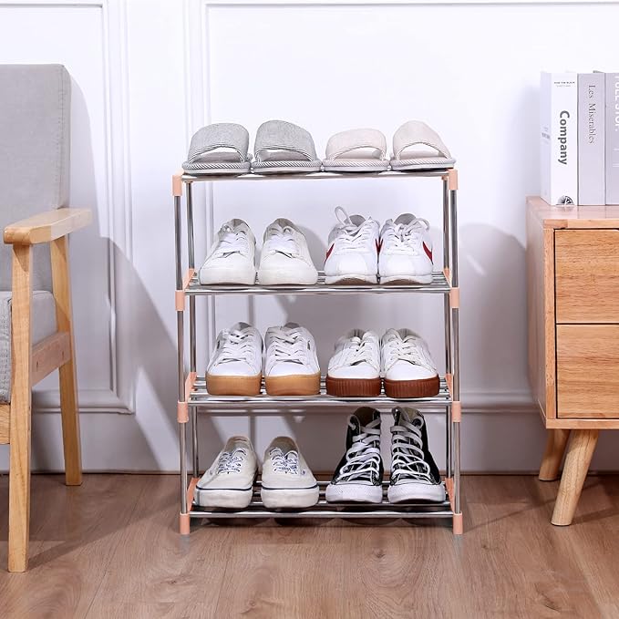 Stackable Small Shoe Rack, Entryway, Hallway and Closet Space Saving Storage and Organization (4-Tier, Pink)