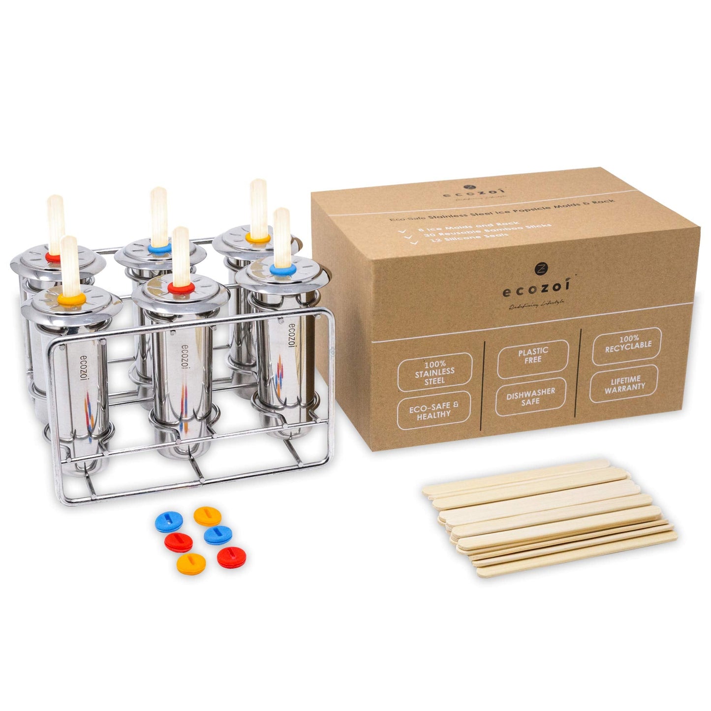 ecozoi Stainless Steel Popsicle Molds and Rack - 10 Square Ice Pop Makers + 50 Reusable Bamboo Sticks + 20 Silicone Seals + 1 Cleaning Brush + 1 Rack