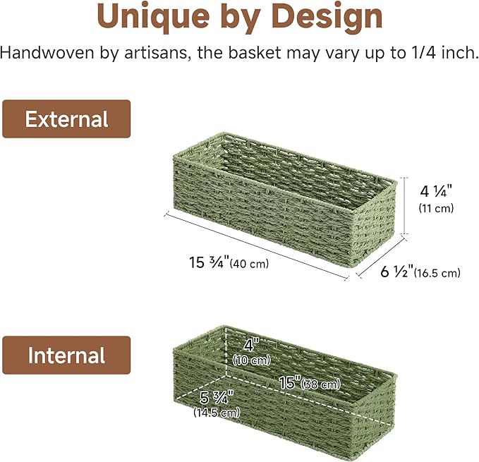 StorageWorks Sage Green Paper Rope Bathroom Basket Organizer and Storage for Tank Topper, Wicker Toilet Paper Basket for Back of Toilet Baskets, Small Narrow Tank Trays for Bathroom Decor, 2 Pack