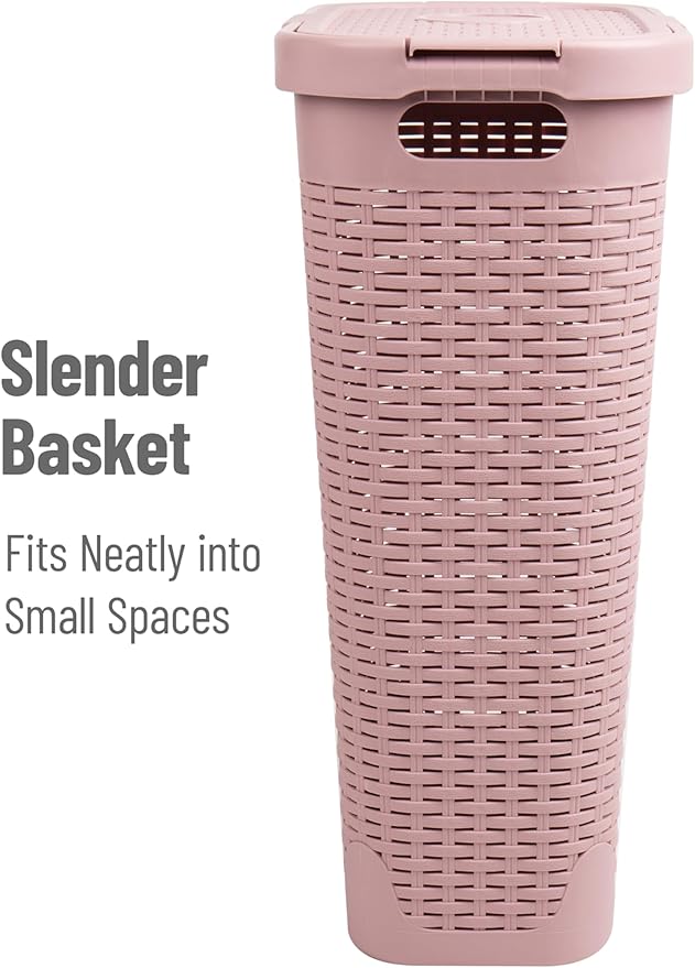 Mind Reader Slim Laundry Hamper with Lid, 40L Clothes Basket, Premium Wicker Design, Plastic, Pink
