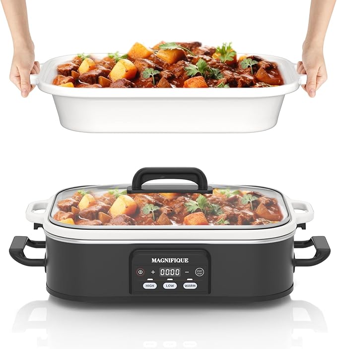 4 Quart Casserole Programmable Slow Cooker with Ceramic Baking Dish - Perfect Kitchen Small Appliance for Family Dinners, Oven Safe and Durable Bakeware for Lasagna, Roasts, Red