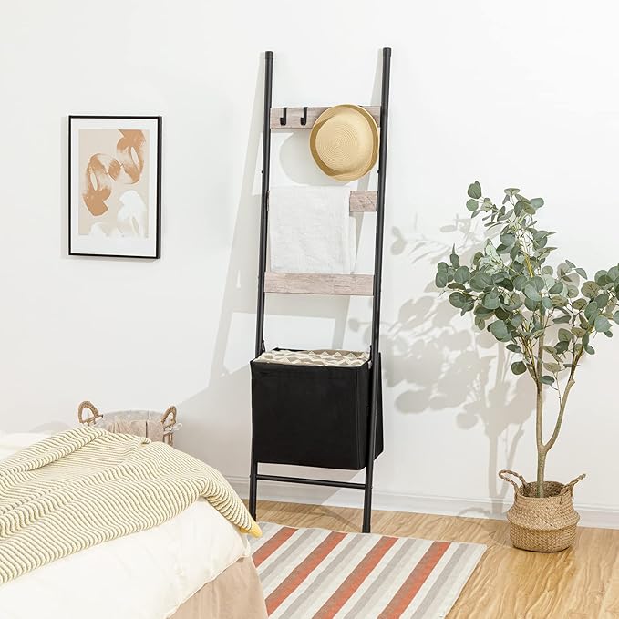 HOOBRO Blanket Ladder with Basket, 17.3”L x 63.4”H, Towel Rack with Hooks, Blanket Holder Rack, Decorative Ladder Shelf, Drying and Display Rack for Bathroom, Living Room, Greige BG31CJ01
