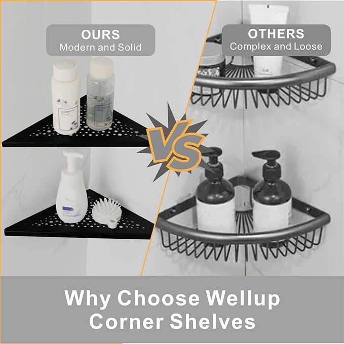 Black 10’’ Corner Shower Shelf 2 Pack, Triangular Shower Corner Shelves 304 Stainless Steel Bathroom Shower Shelf for Tiled Wall, No Drilling Needed Matte Black