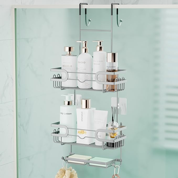 SWTYMIKI Over the Door Shower Caddy Hanging with Double Soap Holder, Hanging Shower Organizer with 16 Hooks, No Drilling Shower Shelves Over Door, Bathroom Rack and Storage, Silver