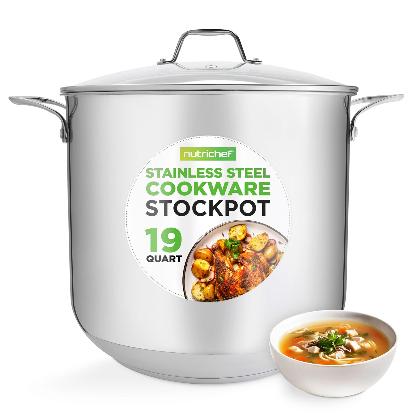 NutriChef 15-Quart Stainless Steel Stock Pot with Tempered Glass Lid - Induction Compatible Large Stockpot, Ideal for Stews & Soups, Dishwasher Safe - NCSP16