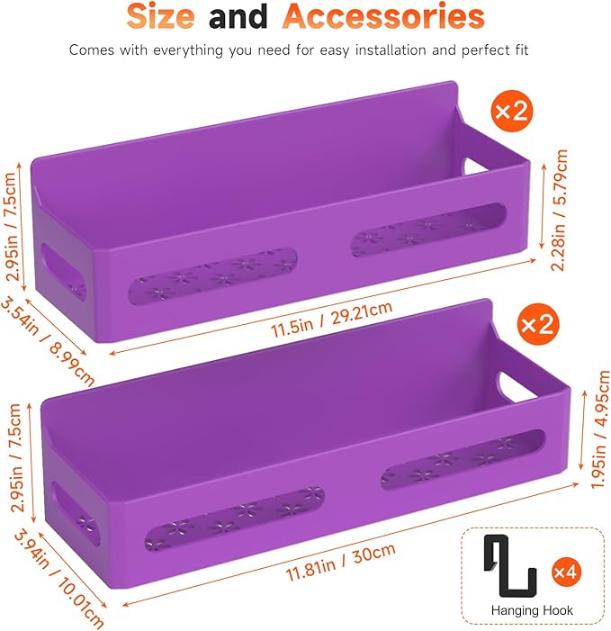 4 Pack Strong Magnetic Spice Rack for Refrigerator, Multipurpose Magnetic Shelf for Fridge with 4 Hooks for kitchen and Bathroom Organization, Purple