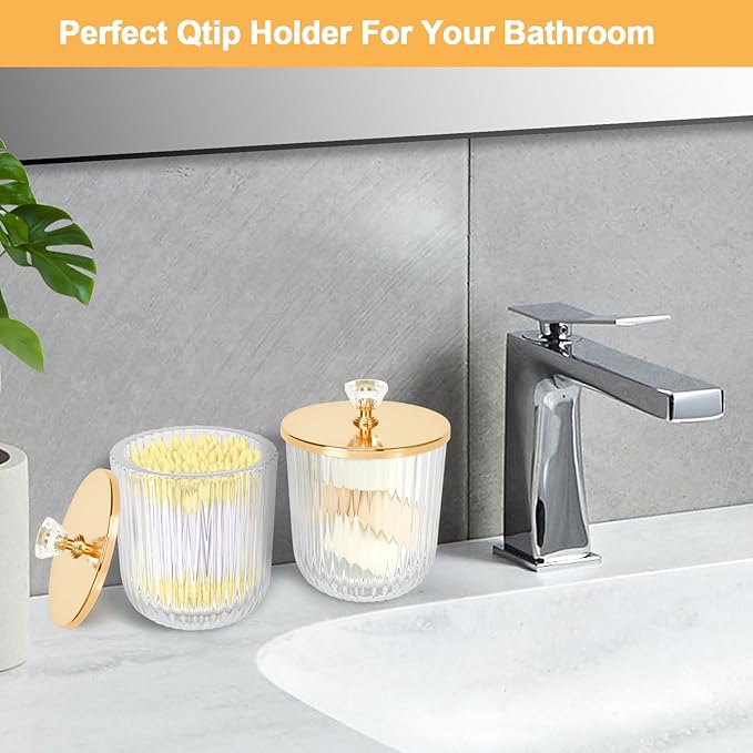 Jenseits 2PCS Qtip Holder Set, Clear Glass Apothecary Jars With Lid for Cotton Ball and Round Pad Storage, Bathroom Vanity Organization, Farmhouse Home Decor