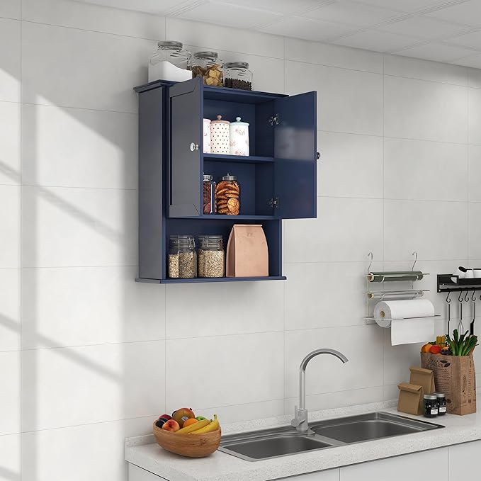 Bathroom Wall Cabinet Navy Blue Over Toilet Storage Cabinets 24x30 in Above Toilet Wood Medicine Cabinets Wall Mounted Bathroom Cabinet with 2 Door & Adjustable Shelf