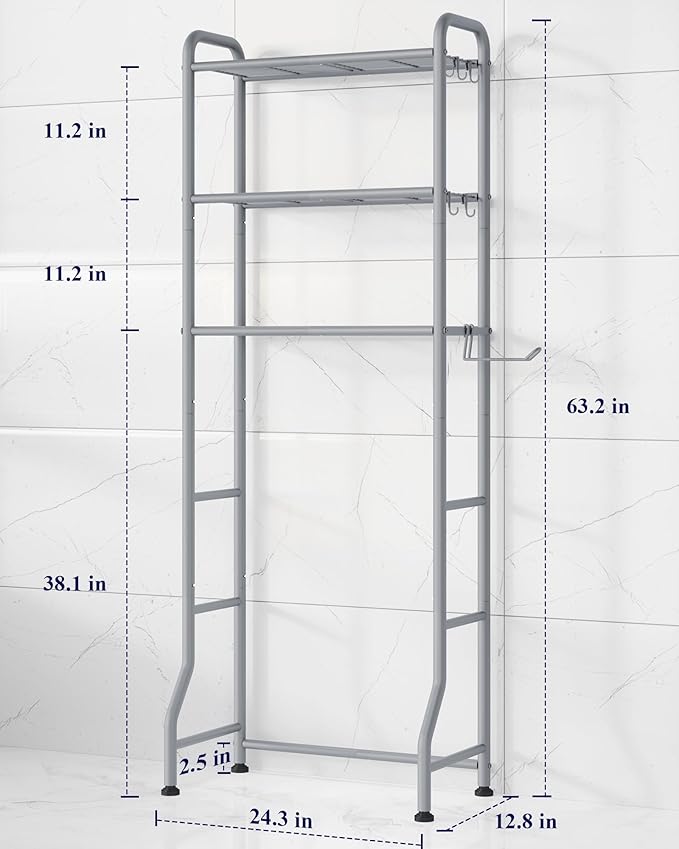 Kitsure Over Toilet Storage Rack - Metal Over Toilet Bathroom Organizer Shelf, Over The Toilet Storage Cabinet with Paper Holder and Hooks, Bathroom Cabinet for Laundry, Grey, 3 Tiers (63.2" H)