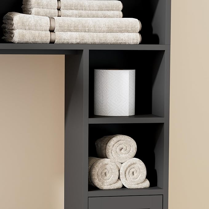 Homhedy 67" H Over The Toilet Storage Cabinet, Boho Bathroom Organizer with Rattan Decorated Doors, Adjustable Shelves, Toilet Paper Holder, Space-Saving Bathroom Shelf, Natural and Black