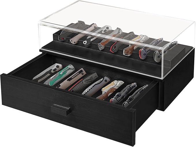 Knife Display Case,2 Tier Wooden Pocket Knife Collection Case with Acrylic Lid, Pocket Knife Storage Drawer Organizer, Walnut