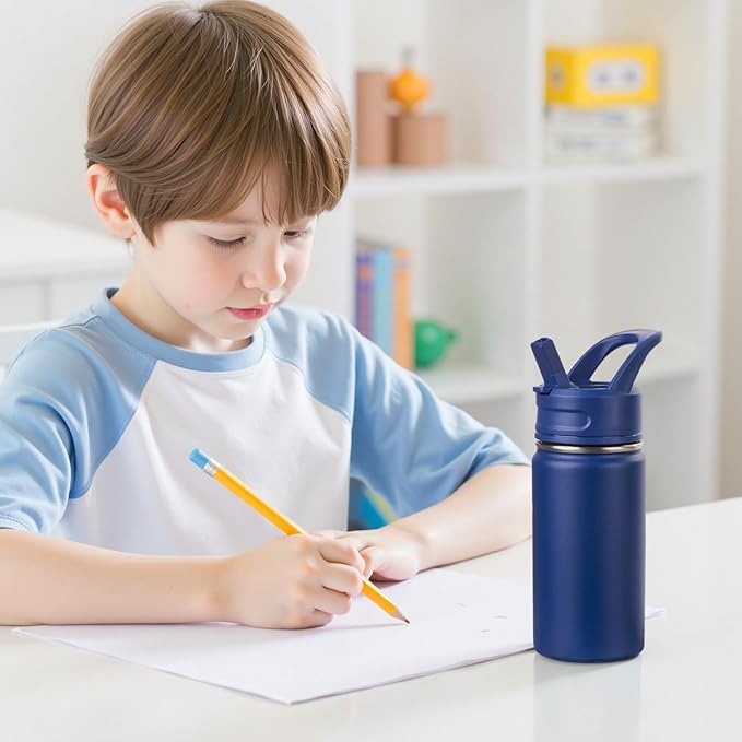 12oz Kids Water Bottle for School, Toddler Bottles with Straws, Stainless Steel Vacuum Insulated Water Bottle for Boys&Girls, Leak-Proof, BPA-Free, Blue + Green