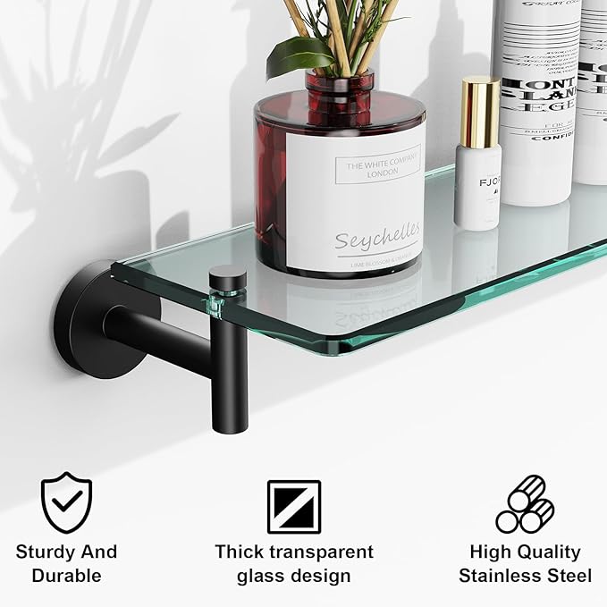 Glass Shelves for Bathroom,20-Inch Matte Black Floating Bathroom Shelf Stainless Steel Tempered Glass Shelf Modern Shelves Wall Mounted