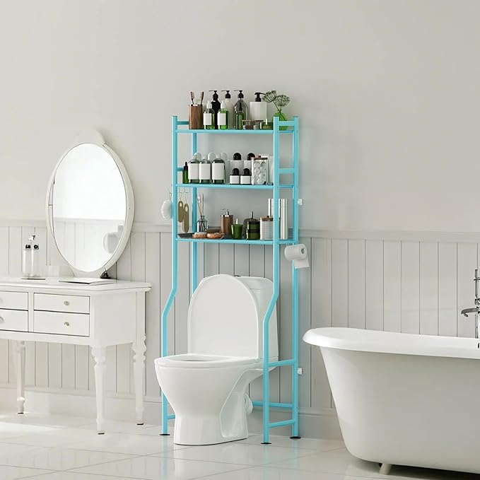 3-Tier Over The Toilet Storage with Paper Holder, Metal Bathroom Organizers and Storage for Small Space, Freestanding Bathroom Shelves with 4 Hooks, Above The Toilet Storage Shelf (Blue)