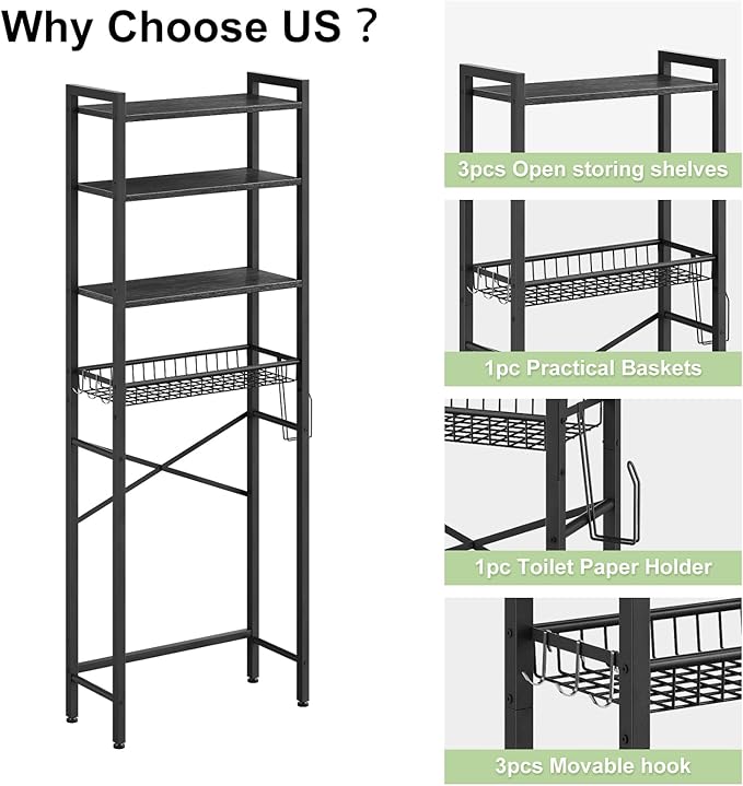 Over-The-Toilet Storage Rack, 4-Tier Bathroom Organizer Shelf Over Toilet with Adjustable Shelf and Basket, Freestanding Space Saver Bathroom Shelves Above Toilet for Room (Pure Black)