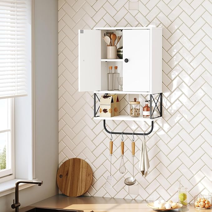 Bathroom Wall Cabinet with 2 Door and Adjustable Shelf, Farmhouse Medicine Cabinet with Towel Rack, 3-Tier Wall Mounted Storage Cabinet Over The Toilet for Bathroom Laundry Room, White