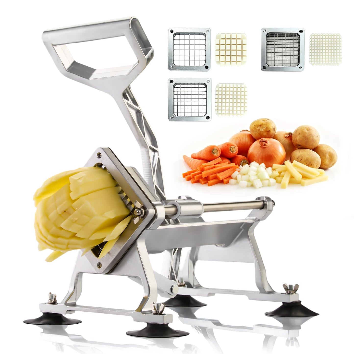 YODHOSA Commercial French Fry Cutter Stainless Steel Potato Cutter with 1/2,1/3,3/8 Inch Blade and 8-wedge balde, Heavy Duty Potato Slicer Manual Potato Chopper Set for Sweet Potato, Carrot, Cucumbers