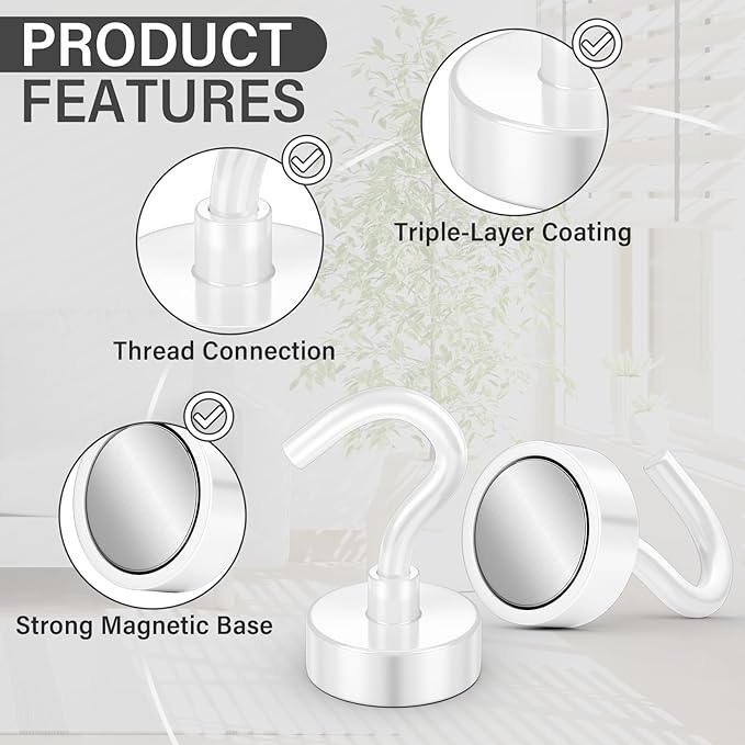 Magnetic Hooks, 25lbs Heavy Duty Earth Magnets with Hook for Refrigerator, Extra Strong Cruise Hook for Hanging Mugs, Magnetic Hanger for Cabins, Grill (White)