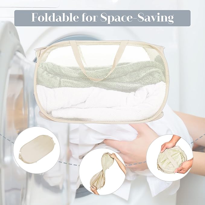 Durable Collapsible Laundry Baskets, Mesh Pop Up Laundry Hamper with Side Pocket, Foldable Clothes Storage Hamper with Reinforced Carry Handles for Laundry, Bathroom, Kids Room, Dorm or Travel Beige