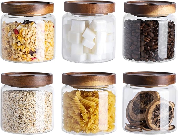 Kanwone Glass Storage Containers Set of 6, 28 Ounce Airtight Food Storage Containers with Bamboo lids, Clear Glass Jars for Pantry, kitchen, Flour, Sugar, Tea, Coffee, Snack, Cookies, Spice and Herbs