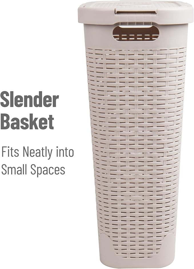 Mind Reader Slim Laundry Hamper with Lid, 40L Clothes Basket, Premium Wicker Design, Plastic, Ivory