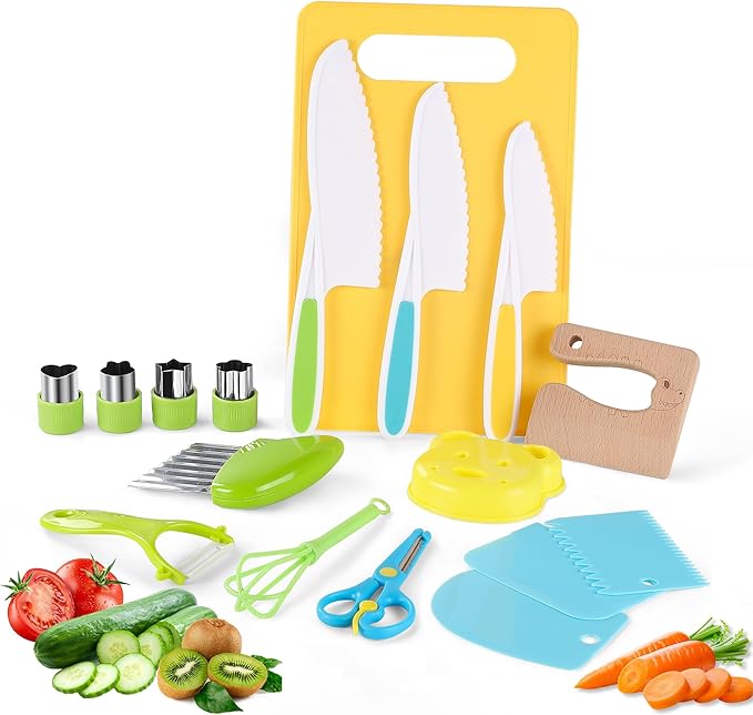 FGASIDYO 9PCS Montessori Kitchen Tools Cookware Baking Toy, Kids Knife Set for Real Cooking with Cutting Boards, Crinkle Cutte, Y Peeler, Serrated Edges Plastic Toddler Knife Kid Safe Knives