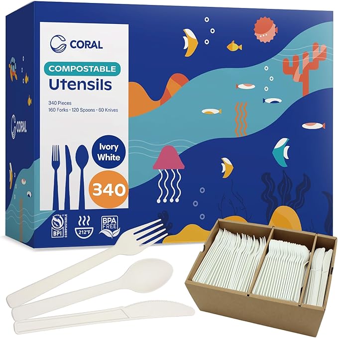 CORAL Light Brown Compostable Heavy Duty Spoons & Forks Set 220 Pieces Bulk